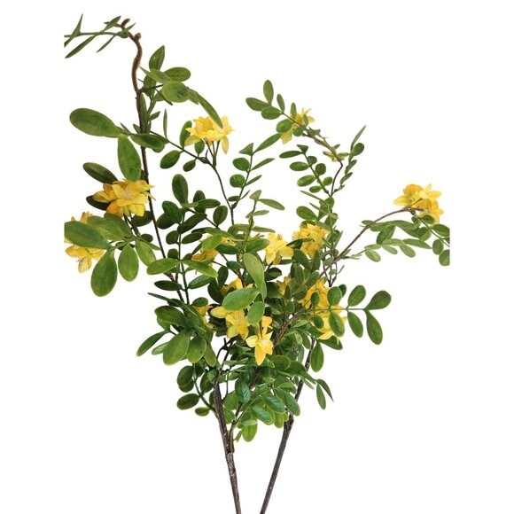 Artificial Yellow Flowering Branches Faux Stems With Green Leaves 2 Piece Set - Picture 2 of 8